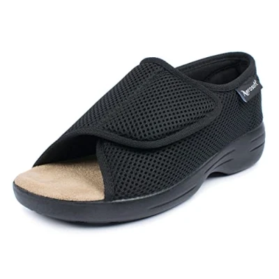 Afbeelding van Aerosoft Reha sandaal stretch 14 dames heren klittenbandsluiting breedte G H antislip, zwart.