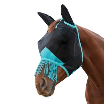 Image de Weatherbeeta Masque Anti Mouches Comfitec Deluxe Fine Mesh avec Oreilles et Franges Noir/Turquoise Cob