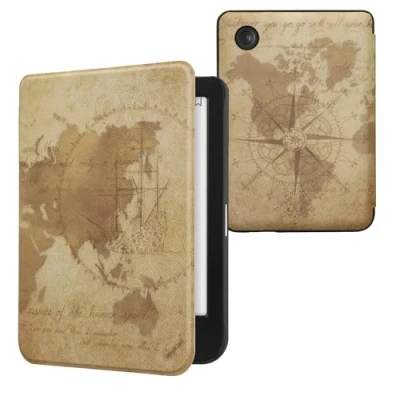 Afbeelding van kwmobile E reader hoesje geschikt voor Kobo Clara BW / Colour hoes flip case met magnetische sluiting Ereader cover Vintage Travel design in bruin lichtbruin
