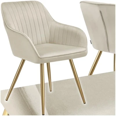 Afbeelding van tectake® Fluwelen Stoel Eetkamerstoel Met Gewatteerde Stof, Moderne Keukenstoelen, Comfortabele Fauteuil Voor Woonkamer, Eetkamer, Lounge creme / goud