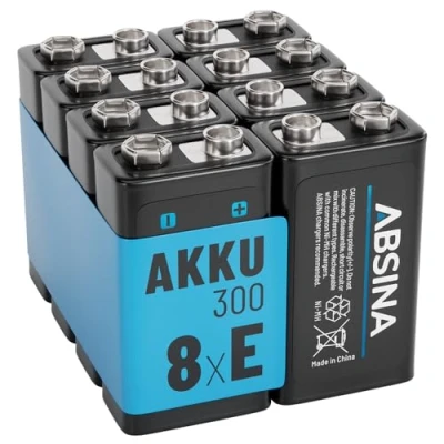 Afbeelding van ABSINA 8 stuks 9 V 300 oplaadbare batterijblokken met lage zelfontlading, V, NiMH batterij min. 270 mAh en 8,4 E blok,