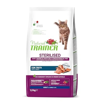Afbeelding van 1,5kg Natural Trainer Cat Sterilised met forel droogvoer voor katten