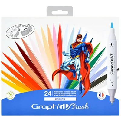 Afbeelding van GRAPH&#039;IT Brush Marker set van 24 alcoholmarkers met dubbele punt voor manga tekenen en illustraties, extra fijne penseel, Comics