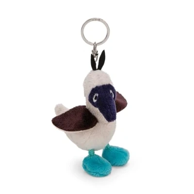 Afbeelding van Gek sleutelhanger met blauwe poten Sula 10 cm beige dierenhanger metalen ring om op te hangen aan sleutels, touw, tas en meer