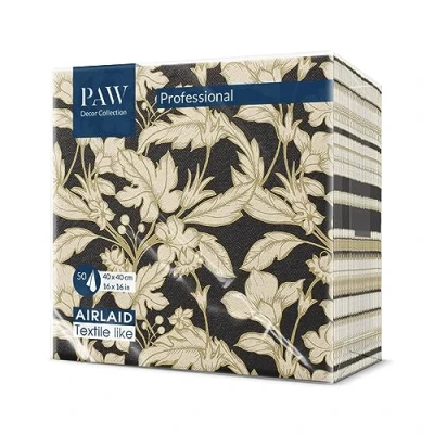 Afbeelding van PAW Papieren servet, Airlaid (40 x 40 cm), goud, bladeren, bloemen, decoratie, voor verjaardagen, bruiloften en doopfeesten, stoffen structuur, kleur: zwart bloemenpatroon.
