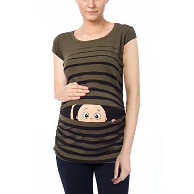 Afbeelding van M.M.C. Schattige en grappige zwangerschapskleding met babymotieven die er humor uitzien, damestop, korte mouwen, Khaki (stad)