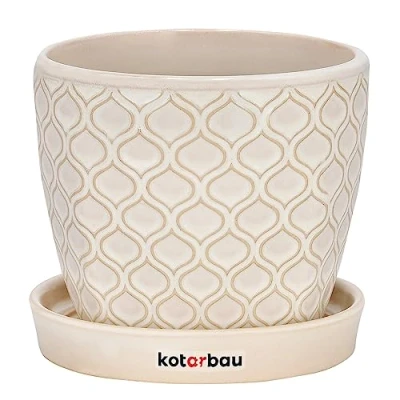 Afbeelding van KOTARBAU® Plantenpot keramiek Ø 12 cm crème vintage met lekbak visschubben