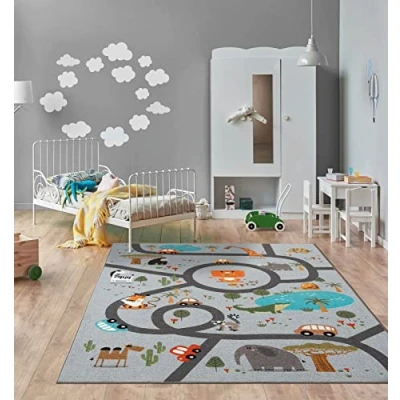 Afbeelding van the carpet Happy Life Kinderkamer, speeltapijt, wasbaar, straattapijt, stad, auto, grijs, 140 x 200 cm