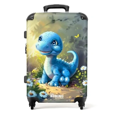 Afbeelding van NoBoringSuitcases.com® Koffer groot Rolkoffer lichtgewicht Blauwe dinosaurus omringd door madeliefjes Reiskoffer met 4 wielen Grote trolley XL 20 kg bagage