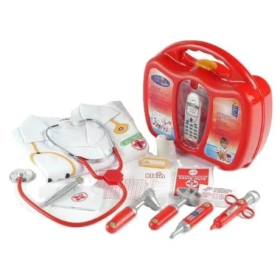 Afbeelding van Klein Toys dokterskoffer mobiele telefoon, stethoscoop, thermometer, reflexhamer, injectiespuit, pincet, otoscoop, doktersjas, verpleegstermuts, naamplaatje, pleister rood grijs
