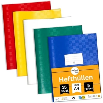 Afbeelding van perfect line 15 A4 formaat raffia hoesjes, 5 kleuren, notitieboekomslag met opschrift, notitieboek cover van recyclebaar polypropyleen, onuitwisbaar