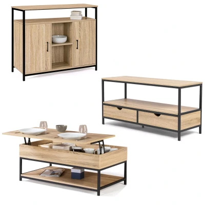 Image de Ensemble meubles de salon buffet, table basse relevable et meuble TV DETROIT design industriel