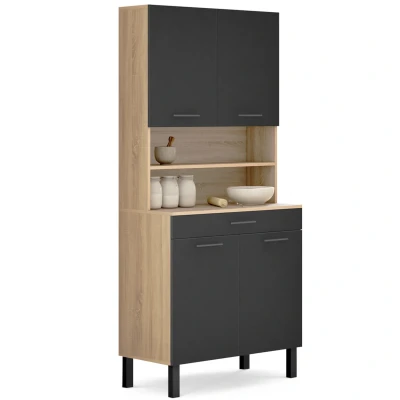 Afbeelding van Buffet de cuisine 80 CM CINA 4 portes + tiroir façon hêtre et noir