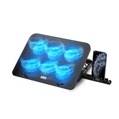 Afbeelding van NK Draagbare koelbasis 12 17 inch laptopventilator met 5 hoogtes verstelbare standaard, 6 stille ventilatoren, 2 USB poorten, snelle koeling, blauw ledlicht