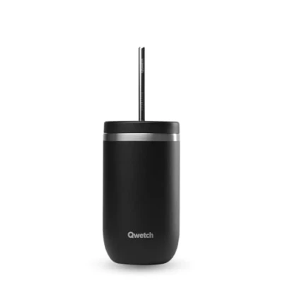 Afbeelding van QWETCH Cold Cup Thermosbeker met rietje, 470 ml, zwart, 24 uur ijskoud en 12 koud gerecycled roestvrij staal, spatvrij ideaal voor verse dranken, Bubble Tea ijskoffie