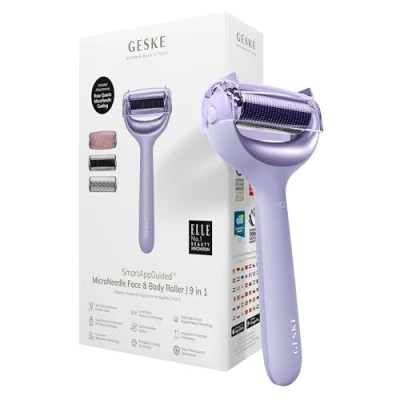 Afbeelding van GESKE SmartAppGuided™ MicroNeedle Face &amp; Body Roller 9 in 1 rozenkwarts Elektrische dermaroller Microneedling apparaat Schoonheidsroller voor gezicht en lichaam