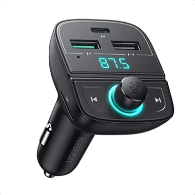 Afbeelding van UGREEN Bluetooth 5.0 Muziek FM Transmitter en 1x USB C &amp; 2x A Dubbele Poort Autolader Zwart