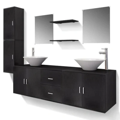 Image de vidaXL Meuble de salle bain 11 pcs avec lavabo et robinet Noir