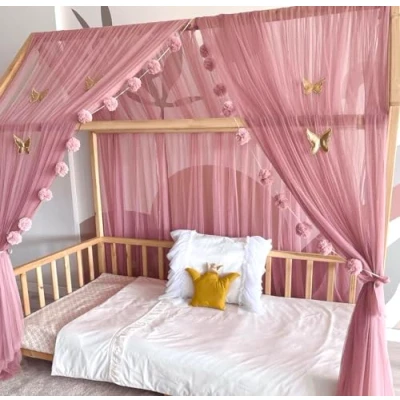 Afbeelding van Baby Fancyroom bedhemel, voor kinderbed, kinderkamer, prinsessenkamer met 5 gouden vlinders, 340 cm, wit/ecru