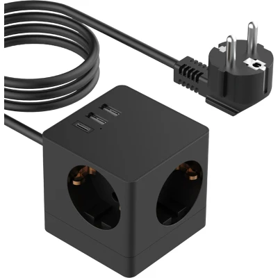 Afbeelding van Accezz Stekkerdoos met USB A en C Poorten 3 Stopcontacten 1,8 meter Verlengsnoer 4000W Snellader Powercube Zwart