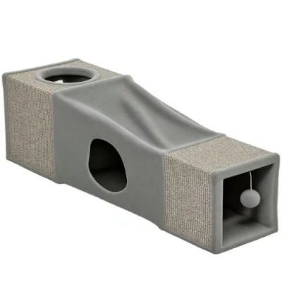 Afbeelding van PawHut Kattentunnel met speelbal, kattenhol, opvouwbare sisal speeltunnel, combi design, bruin en grijs, 98 x 30 cm