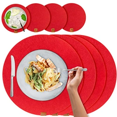 Afbeelding van Ronde vilten placemats, afwasbaar, met merken, echt leer, label en glasonderzetters, 4 onderzetters, rood als kerstdecoratie of grijs, viltmat,