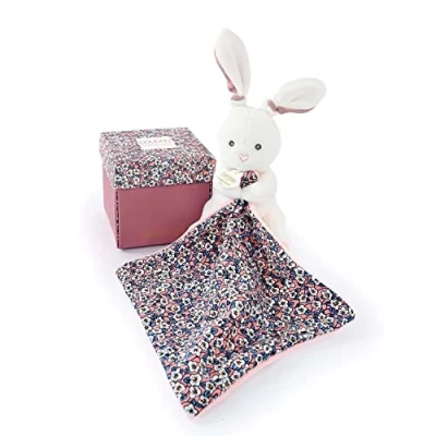 Afbeelding van Doudou et Compagnie BOH&#039;AIME Pantin haas met knuffeldier doos in bloemvorm roze cadeau idee voor geboorte meisjes en jongens garantie verloren DC4020