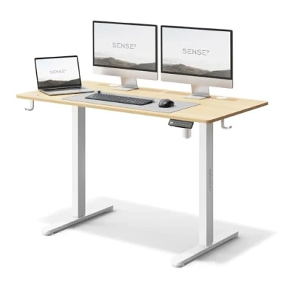Afbeelding van SENSE7 NOJO Bureau Computerbureau Gamingbureau 120 x 60 cm Elektrische Hoogteverstelling Geheugenfunctie Hoofdtelefoonhouder Kabelopbergsysteem wit / lichtbruin