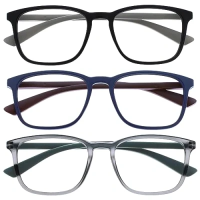 Afbeelding van OPULIZE Max Set van 3 leesbril, klassiek montuur, groot, rechthoekig, matzwart, blauw, grijs, uniseks, dames en heren, veerscharnieren, RRR78 137 +1,00