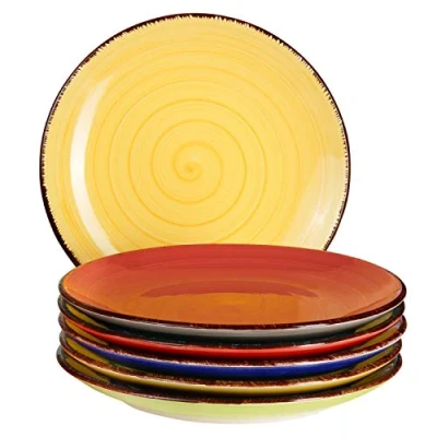 Afbeelding van Malaga Set van 6 ronde aardewerk borden, handbeschilderd, tweekleurig, Ø 19,5 cm, hoogte 2,5 cm