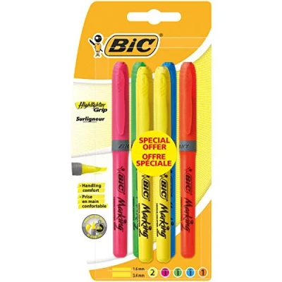 Afbeelding van BIC Highlighter Grip markeerstiften, afgeschuinde punt, verschillende neonkleuren, blisterverpakking met 6 stuks
