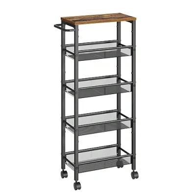 Afbeelding van VASAGLE Rolwagen 5 niveaus, keukentrolley smal, nisrek op wielen, staal, handvat, voor kleine ruimtes, 22 x 45,4 99,6 cm, keuken, badkamer, woonkamer, werkkamer, vintage bruin zwart