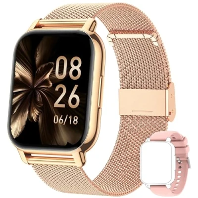 Afbeelding van Popglory smartwatch voor dames, oproepen/bloeddruk/meer dan 100 sporten, compatibel met Android en iOS, meting van ademfrequentie, hartslag, snelheid