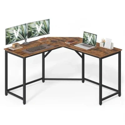 Afbeelding van VASAGLE Hoekbureau, computerbureau, L vorm, 129 x 76 cm, ruimtebesparend, computertafel, rustiek bruin en inktzwart LWD124K01