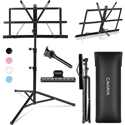 Image de CAHAYA Pupitre de Musique Pliable, Léger, Portable Ajustable [Support pour Partition &amp; Porte livre Bureau à Double Usage 2 en 1 ] avec Sac Transport, Support Partitions Métal