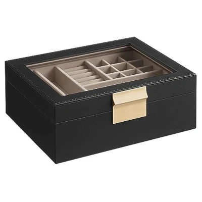 Afbeelding van SONGMICS Sieradenkistje met glazen deksel, sieradendoos 2 niveaus, cadeau voor je dierbaren, MDF, PU, fluweel, glas