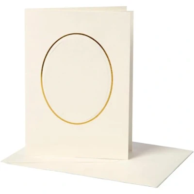 Afbeelding van Passepartout kaarten , afmeting kaart 10,5x15 cm, gatgrootte 6,5x8,8 off white, ovaal met gouden rand, 10sets