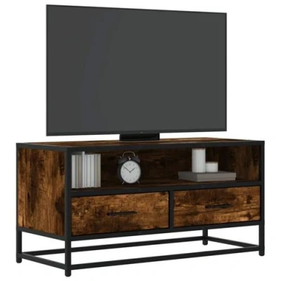 Afbeelding van Tv meubel 80x34,5x40cm bewerkt hout metaal gerookt eikenkleurig