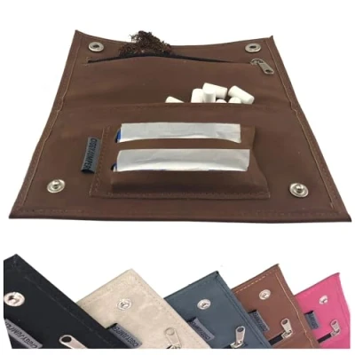Afbeelding van Leather Touch versleten tabaksgrap voor tabak met vakken filters, vellen en aansteker (2e), dubbele cognac