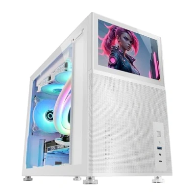 Afbeelding van Mars Gaming MC LCD Compacte micro ATX pc behuizing, 8 inch IPS display, zijrooster, boven en voorkant, zijvenster van gehard glas, mini speeltoren met modulair paneel, wit