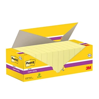 Afbeelding van Post it Super Sticky Notes, 90 Vel, Ft 76 X Mm, Geel, Pak Van 12 Blokken + Gratis Memoblok