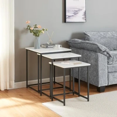 Afbeelding van Bijzettafel Trollhättan set van 3 zwart en marmer wit [en.casa]