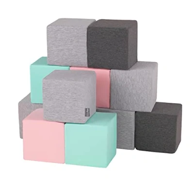 Afbeelding van KiddyMoon Zachte blokken voor baby&#039;s, 12 stuks, bouwkubus van schuim, 14 cm, kubussen: Lichtgrijs/donkergrijs/roze/mint