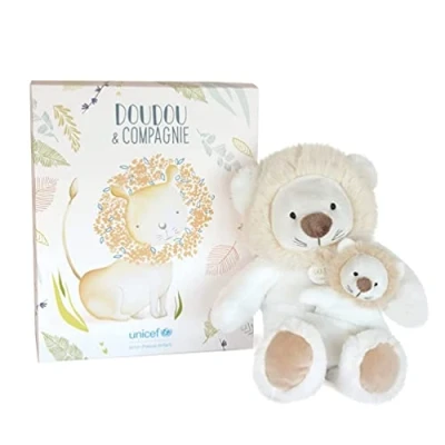 Afbeelding van Doudou et Compagnie Collectie UNICEF pluche dier leeuw met haar Baby knuffeldier 25 cm wit/beige geboortecadeau voor baby&#039;s, meisjes of jongens garantie verloren &amp; Me