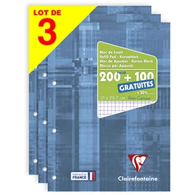 Afbeelding van Clairefontaine 65816AMZC 3 stuks geperforeerde, gelijmde cursusblokken A4 21 x 29,7 cm 200 pagina&#039;s + 100 gratis, kleine ruitjes 90 g wit papier gelamineerde kaartomslag