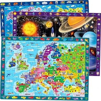 Afbeelding van 100 stukjes kinderpuzzel 4, 5, 6 jaar, 3 puzzels voor meisjes en jongens van QUOKKA educatieve spelletjes ruimte wereldkaart Europa cadeau speelgoed 7, 8, 10 jaar