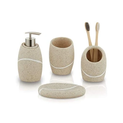 Afbeelding van Badkameraccessoireset, 4 delig decor, badkamerwastafel, werkblad, accessoireset met zeepdispenser, tandenborstelhouder, badkamerbeker en zeepbakje, karamelzandsteen