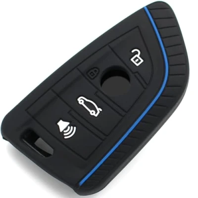 Afbeelding van Finest Folia BE siliconen beschermhoes voor autosleutels met 4 knoppen zwart en blauw