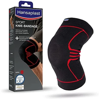 Afbeelding van Hansaplast Sportbandage stabiliseert en ondersteunt het gewricht, bandage met patella inzetstuk ter ontlasting van de knieschijf, maat S/M