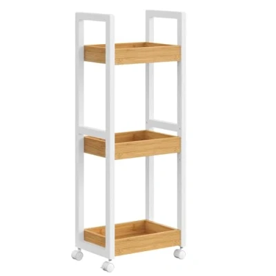 Afbeelding van SONGMICS Rolwagen, badkamerrek, badkamerrek met 3 niveaus, nisrek van bamboe, smalle plank, niswagen op wielen, ruimtebesparend, 20 x 30 80 cm, wit natuurlijke kleuren
